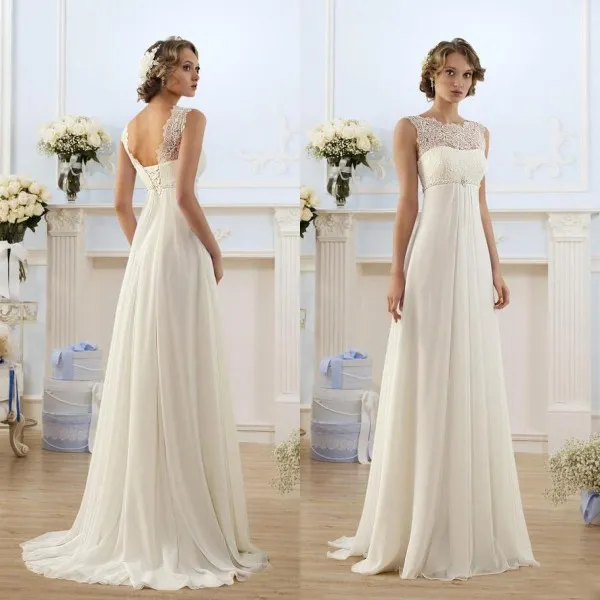 Cheap Empire Waist Wedding Dress Sheer Jewel Neckline Sleeveless Lace Top Beach Garden Country Style Chiffon Bridal Gowns Beaded Belt