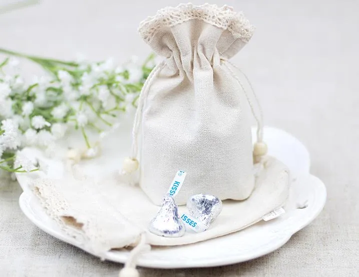 Wedding lace Cotton Linen Favors bag party Christmas candy sugar egg gift bag wrap Favor Holders coin card purse bags wood beads