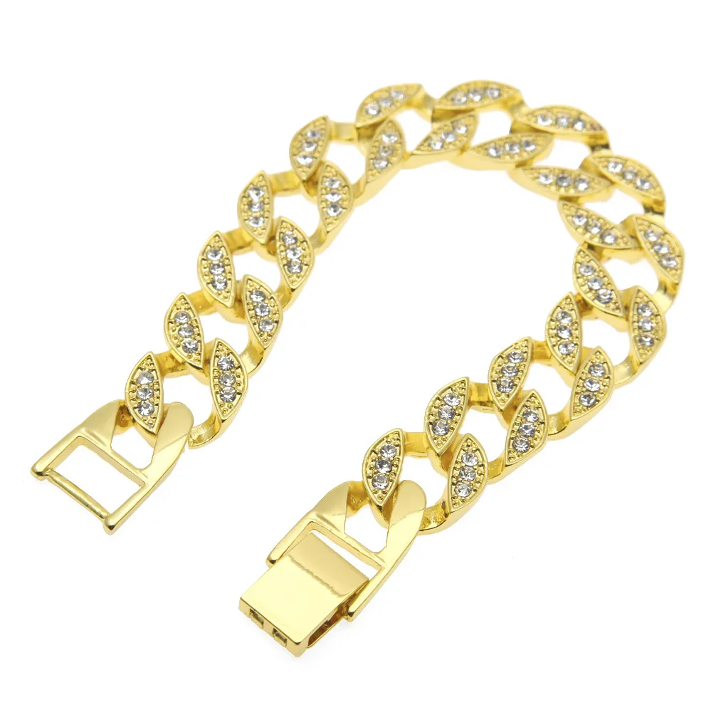 Novos Hip Hop Luxo Simulado Diamante Pulseiras Para Homens Prata Banhado A Ouro Congelado Para Fora Miami Cuban Pulseira