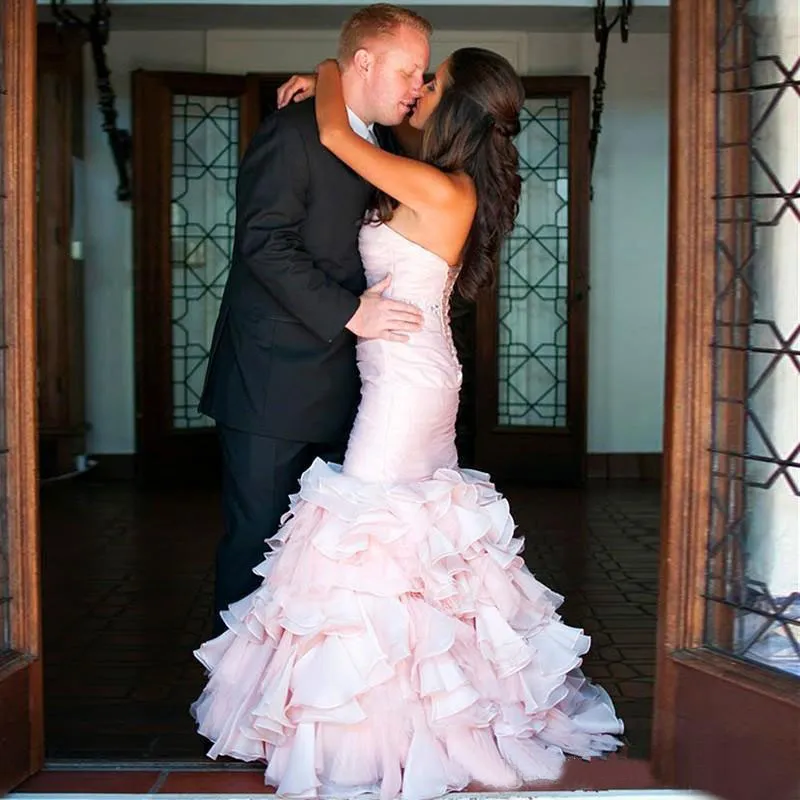 2016 Bush Pink Organza Mermaid Wedding Dresses Sexy Sweetheart Cascading Ruffles Beaded Sash Tiered Bridal Gowns Custom Made China EN10141