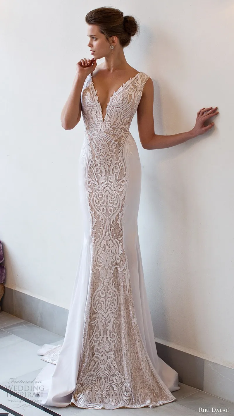 Riki Dalal 2018 Mermaid Vintage Wedding Dresses Backless Deep V Neck Sleeveless Lace Applique Bridal Gowns Sweep Train Hot Wedding Dress