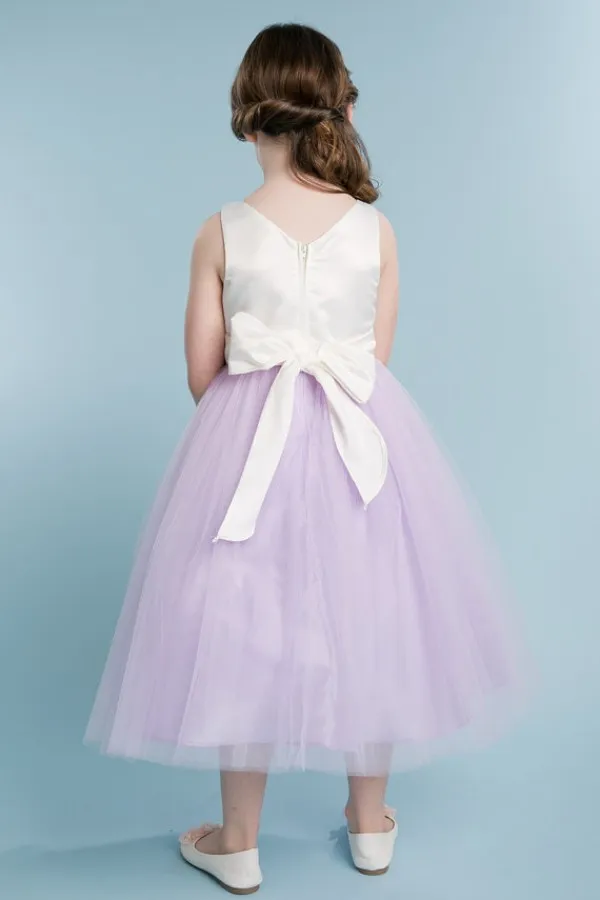Güzel Çiçek Kız Elbise Düğün İki Ton Mücevher Boyun Kolsuz Ucuz Çay Boyu Champagne Leylak Tül Küçük Kız Giydirme Elbise için