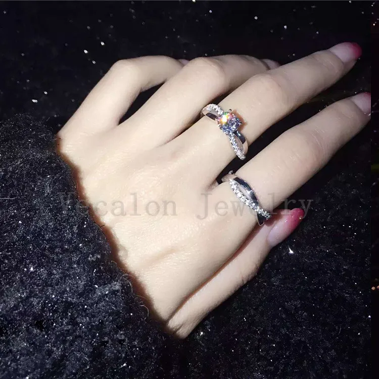 Vecalon 2016 Moda Zaręczyny Obrączka Obrączka Zestaw Dla Kobiet 1CT symulowany Diament CZ 925 Sterling Silver Samica Band Ring R200