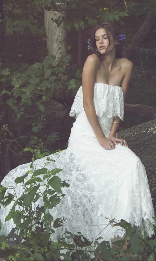 Abito da sposa Boho Abiti da sposa vintage in pizzo pieno Beach Garden Party Abiti da sposa bohémien senza spalline Abiti da sposa anni '70 Sweep Train