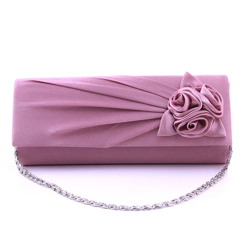 Satin Rose Flower Bridesmaid Clutch Purse with Ruched Design for Banquet or Party