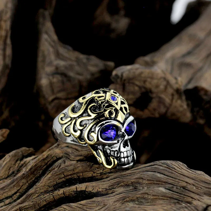 Bule Red Jewel Jewelry SkeletonringメンズチタンスチールVintgaアンティーク仕上げDiamante Electrapleteクールナイトクラブアクセサリースカルリング