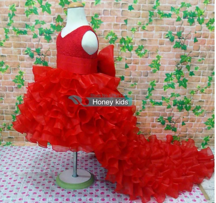 Flower Girl Dresses Red Chiffon Tailing pageant dresses Girl Summer Dresses For Weddings Party Birthday Dress with Big Bow 2-12 Years