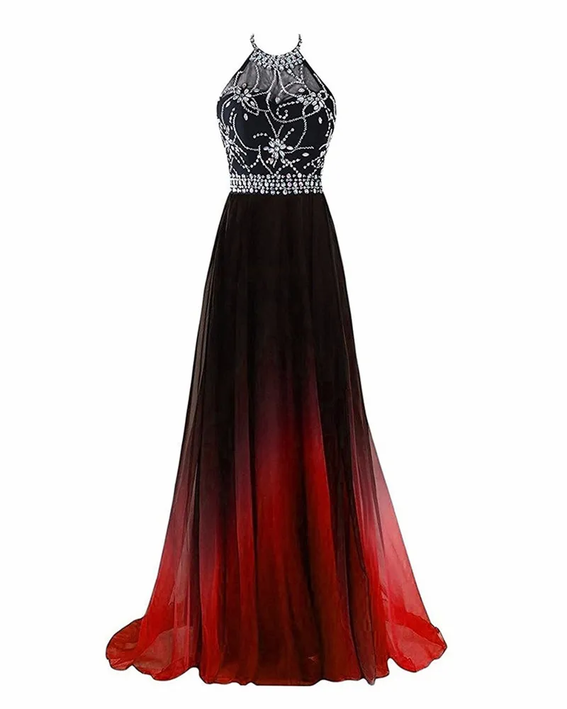 Sexy Halter Backless A-Line Crystal Prom Dresses met Lovertjes Chiffon Plus Size Avond Formal Party Gown BP10