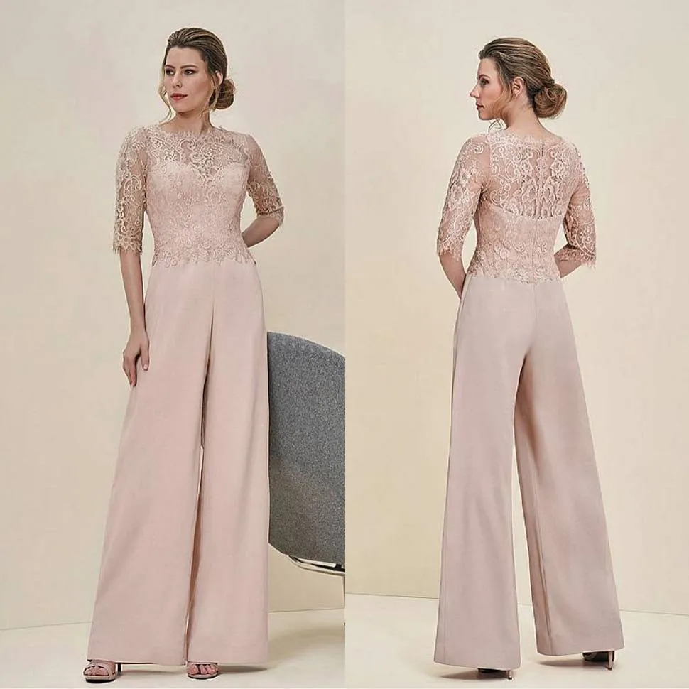 Tute economiche Pizzo Madre della sposa Pantalone Abiti Bateau Neck Mezze maniche Abito da ospite di un matrimonio Chiffon Taglie forti Abiti da sposo per madri