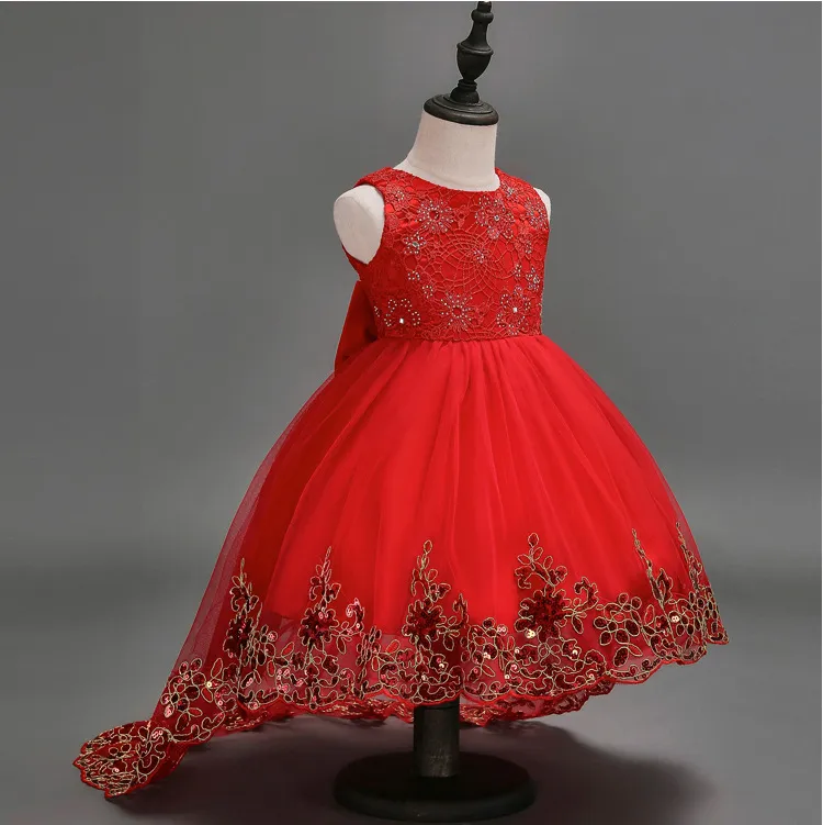 Vestido para niñas pequeñas, tutú de manga corta con lazo de encaje, vestidos de princesa para niños, vestido largo hasta el suelo para boda, vestido de princesa para fiesta de niña 3 C6210255