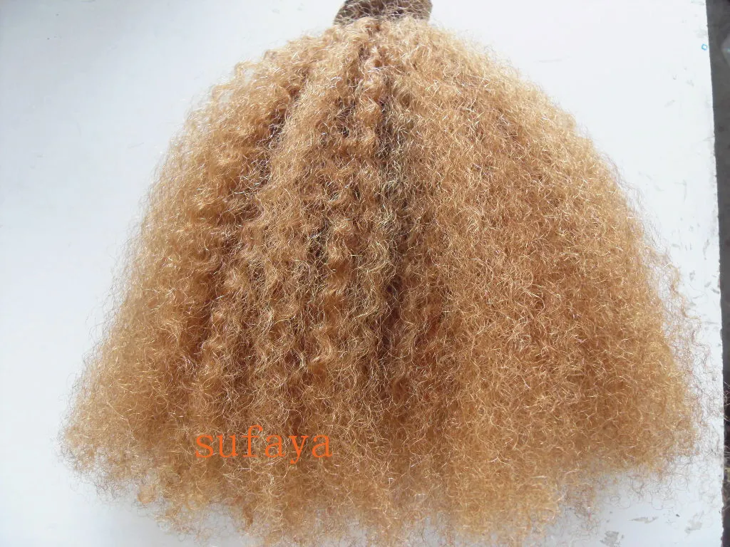 Mongolian kinky curly hair weft clip in hair extensions unprocessed curly blonde 27# color human extensions can be dyed