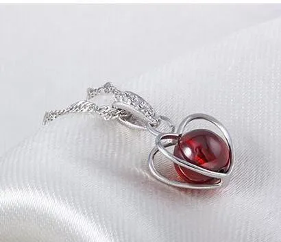 Love Heart Garnet Pendant 925 Sterling Silver Necklace High Quality Pendant Plated White Gold Color NO CHAIN Christmas Gift