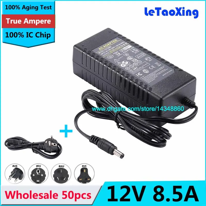 50pcs AC 100-240V To DC 12V 8.5A Power Adapter, 12V 8A Power Supply For LED Strip Light LCD Monitor with Cord Cable