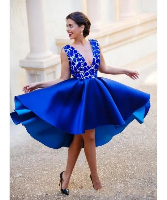 Royal Blue Lace Satin Plunging V Neck Backless Short Cocktail Dress Hi Lo Homecoming Prom Party Gown Plus Size 2024