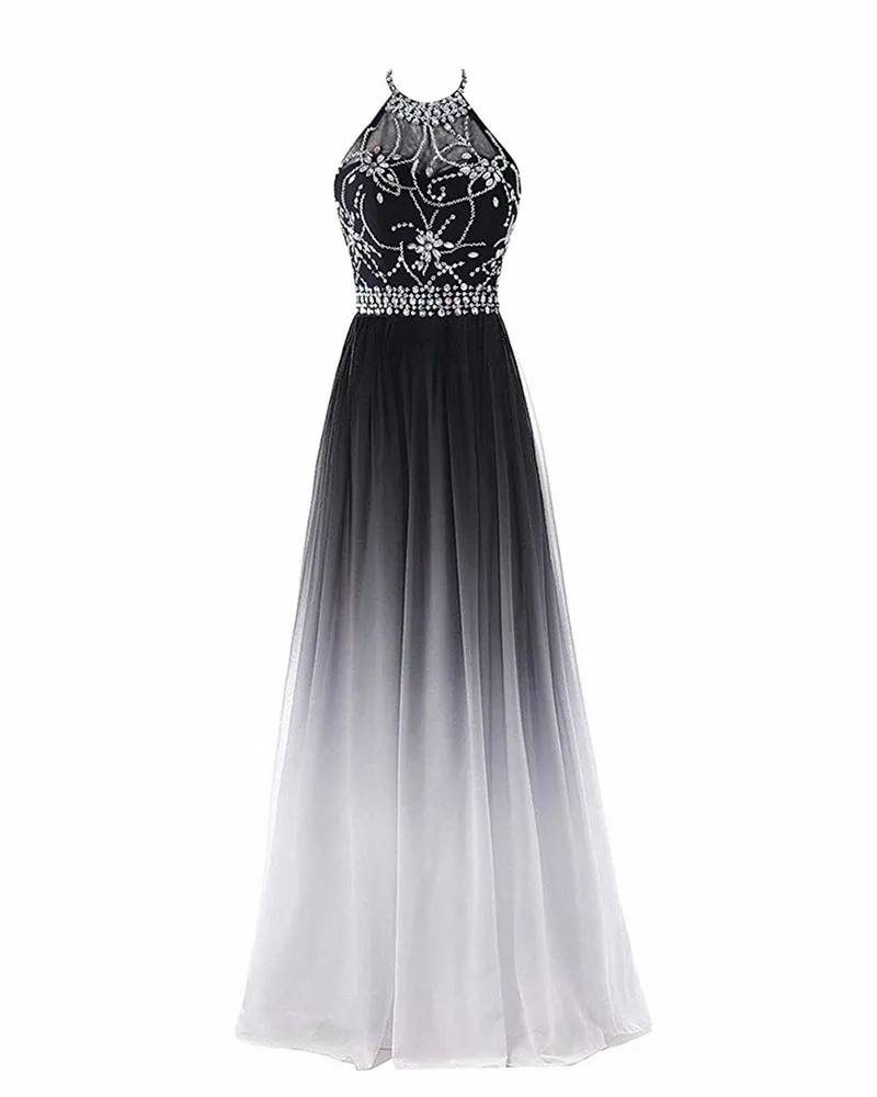 Sexy Halter Backless A-Line Crystal Prom Dresses met Lovertjes Chiffon Plus Size Avond Formal Party Gown BP10