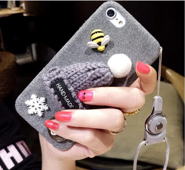 Fur chapéu de natal case para iphone 6 6 s 7 além de bonito quente menina rígido capa protetora phone case para iphone 6 6 s 7 além de cobertura de luxo