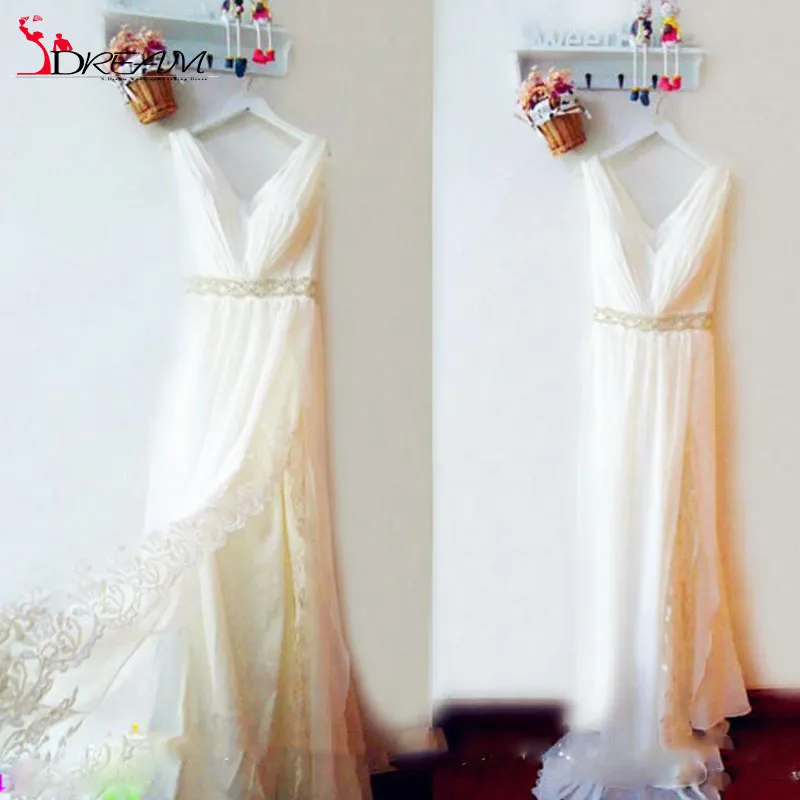 2019 Boho V Neck Wedding Dresses White Ivory Chiffon Lace Side Split Country Style Bridal Gown Beach Wedding Dresses Cheap Sexy Ba8925269