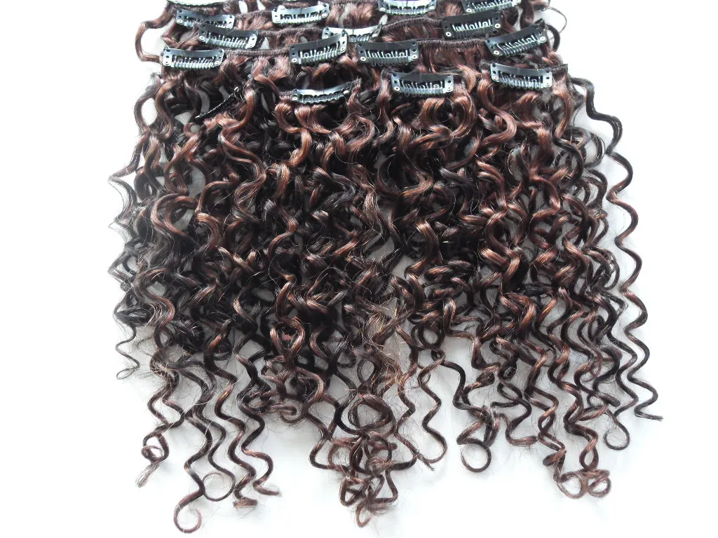Mongoliska Jerry Curly Hair Weft Clip i hårförlängningar obearbetade lockiga naturliga svartmix brun färg mänskliga förlängningar6795715