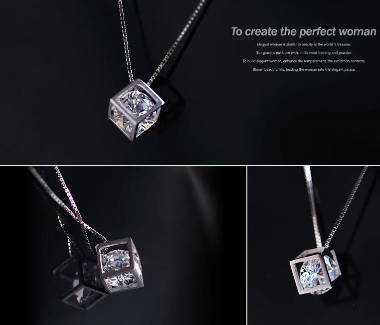 925 Sterling Silver Necklace S925 Crystal Jewelry Square Love Cube Diamond Pendant Statement Necklaces Wedding Vintage Woman Fashion