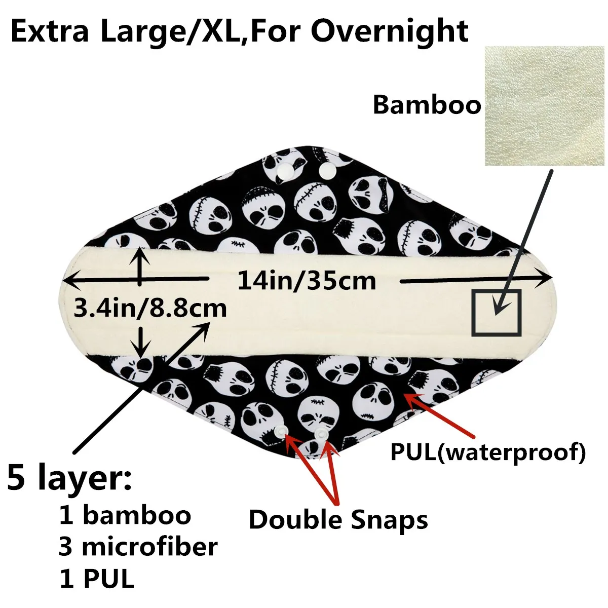 Sigzagorovernight post partum XL 20 Wzór wielokrotnego użytku do mycia bambusowy podkładki tkanin menstruacyjny mama padsextra duży 14in8271637