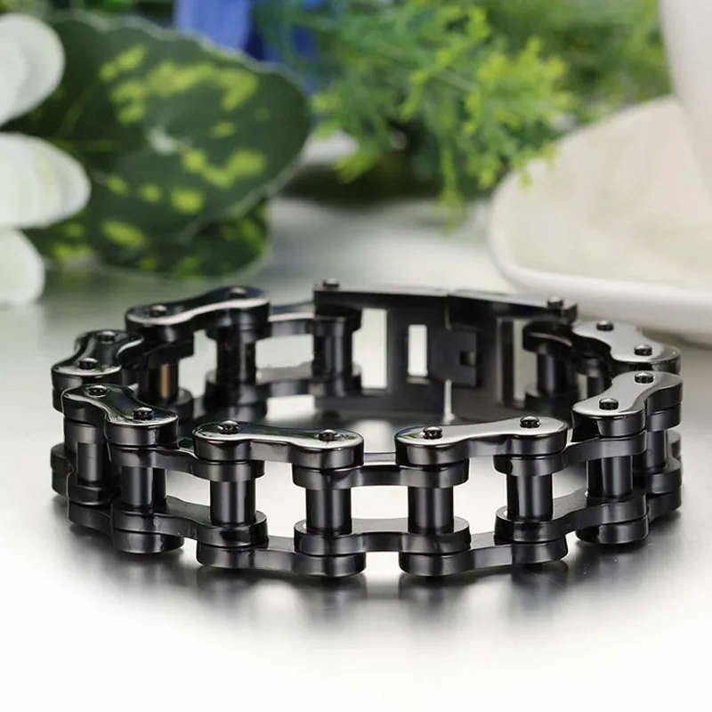 Titanium Steel IP Black Plating Biker Bicycle Chains Bracelet Punk Wristbands Brace lace Male Trendy Jewelry High Quality 23cm341p