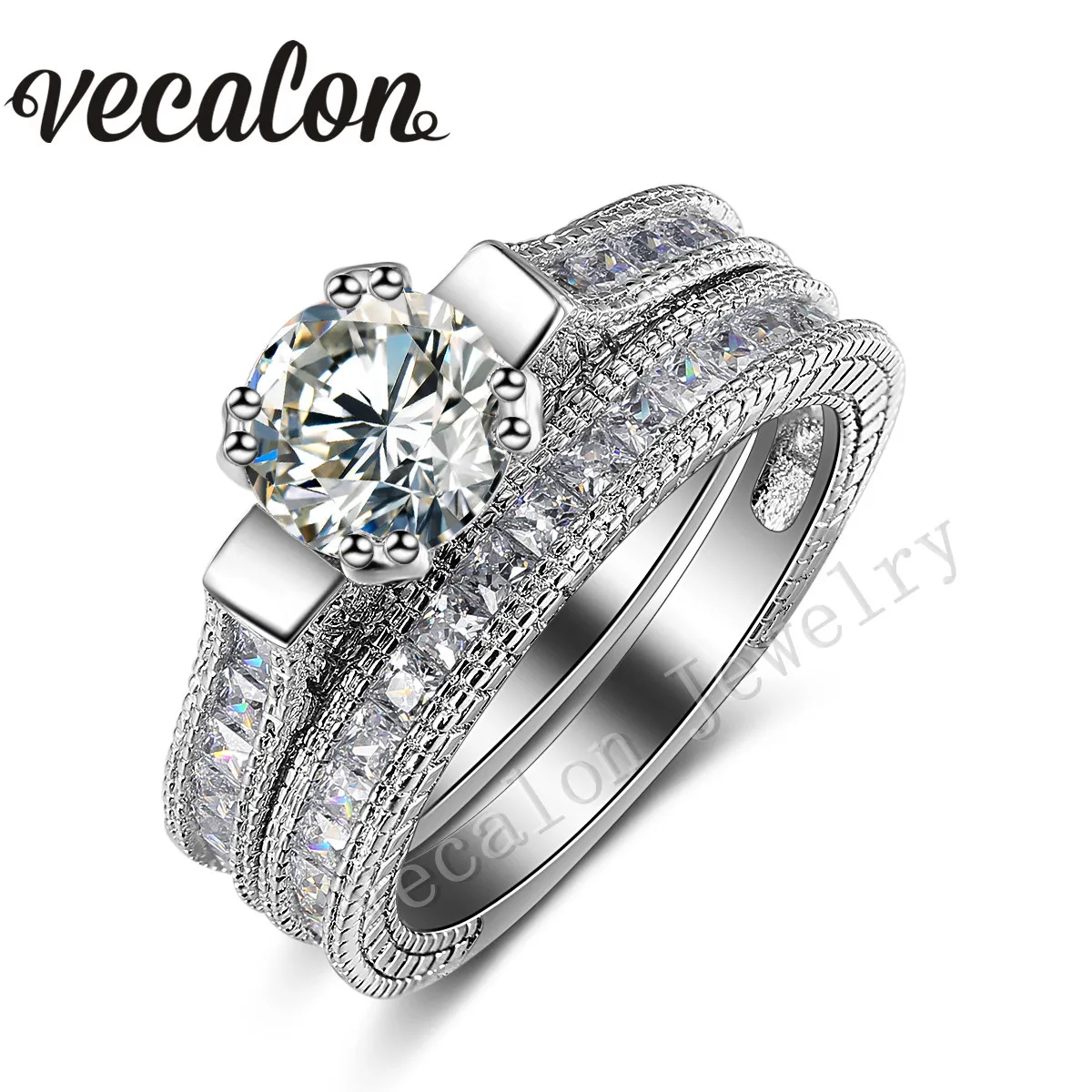 Vecalon Round Cut 3CT Simulated Diamond CZ 2-in-1 Engagement Bröllop Band Ring Set för kvinnor 14kt guldfylld ring