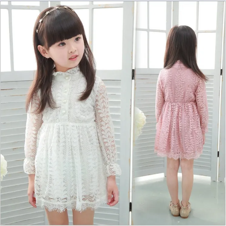 2018 Girls Princess Dress Bade Girl Lace Tulle Dresses Kids Clothing Children Lace Hollow Out Long Sleeve Dress Cute Girl Cotton S8848723