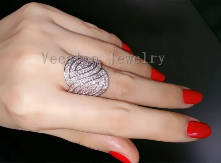 Vecalon Fashion Pave Set Simulerad Diamond CZ Engagement Bröllop Band Ring för kvinnor 10kt vitguldfylld fingerring