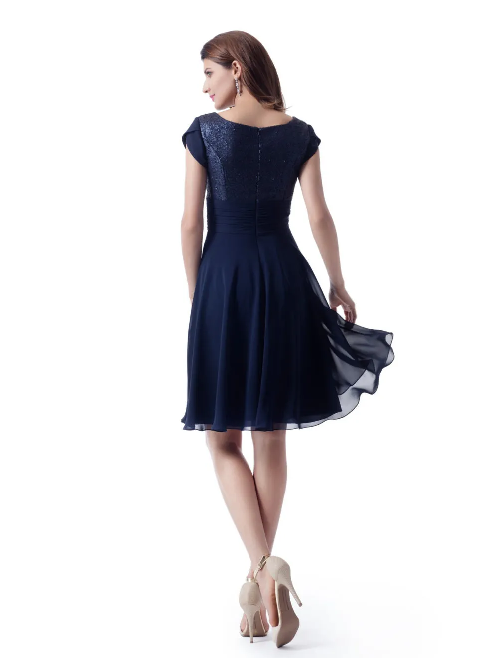 Navy Blue Chiffon Short Modest Bridesmaid Dresses With Tulip Sleeves Sequins Neck and Back Country Western Informal Summer Wedding Party