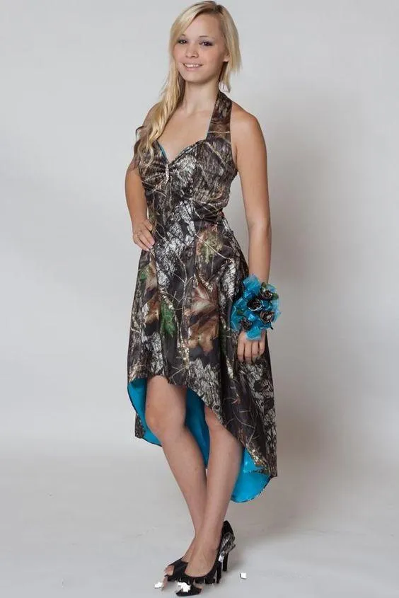 Blue Camo Bridesmaid Dresses 2024 Halter Hi Lo Short Front Long Back Wedding Party Dress Camouflage Maid Honor Gown