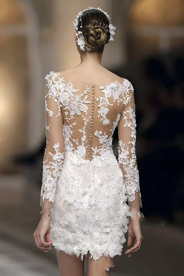 Sexy White Lace Applique Mini Wedding Dresses Illusion Long Sleeve Sheath v Neck Bridal Gowns Custom Made Wedding Gowns