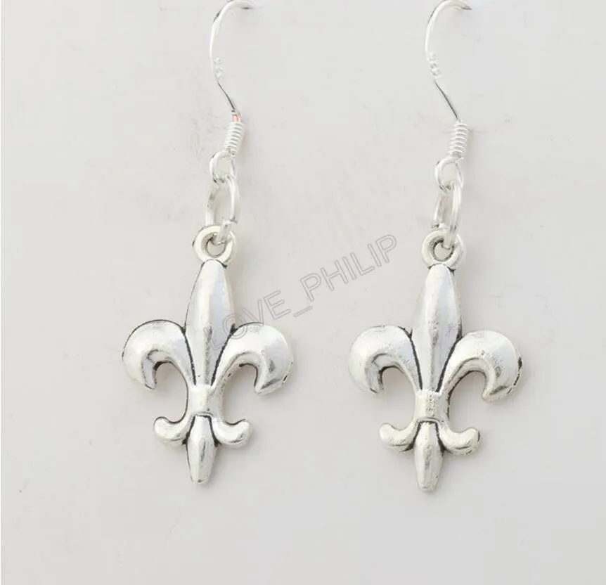 Iris fleur-de-lis blomma dangle ljuskrona örhängen 925 silver fisk öron krok / parti e387 12.5x35mm