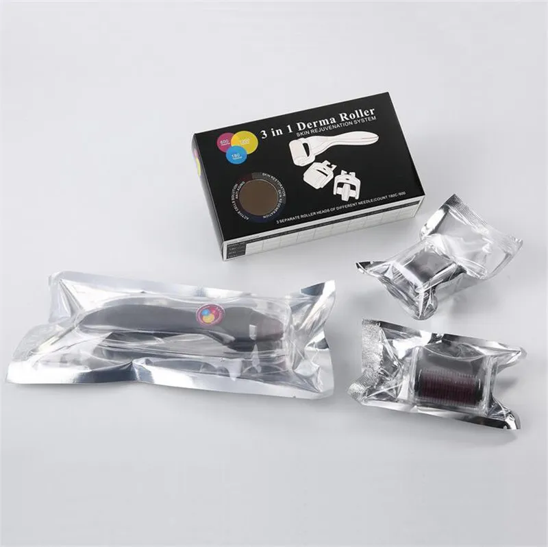TM-DR005 MOQ 3-in-1 kit Derma Roller voor lichaam en gezicht en oog Micro Naald Roller 180 600 1200 Naalden Huid Dermaroller