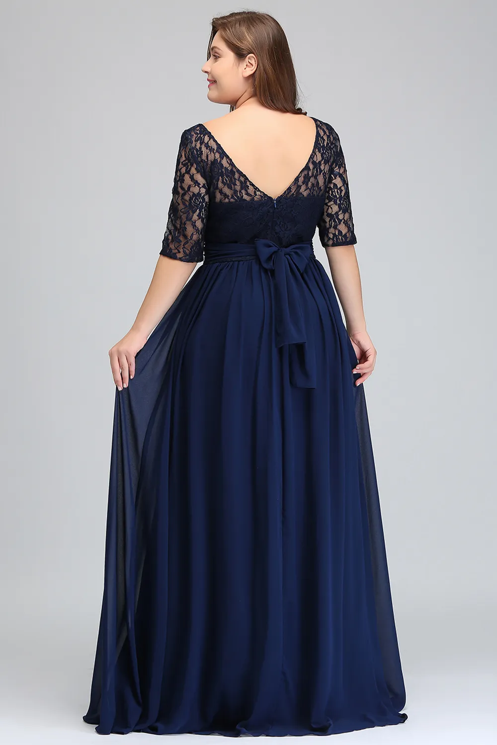 Dark Navy Black Burgundy Half Long Sleeves Plus Size Prom Dresses Lace Top A Line Chiffon V Back Mother of Bride Dresses Cheap Gowns CPS522