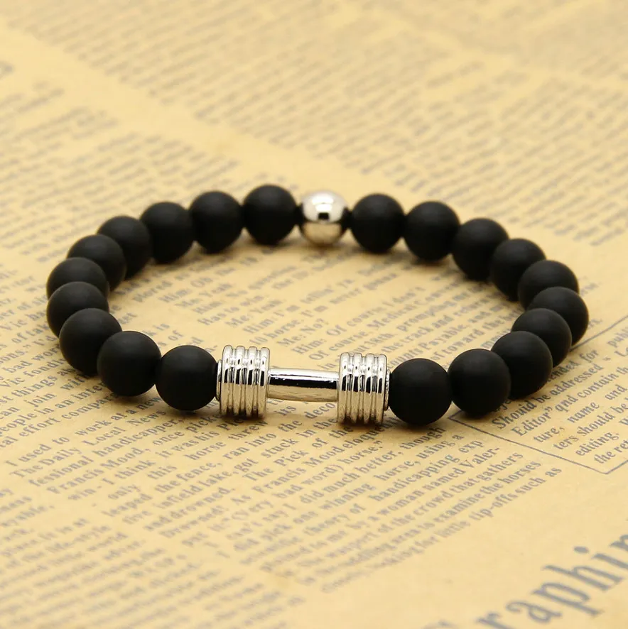 Charm Bracelet Jewelry Real Gold Plated Metal New Barbell & 8mm Stone Beads Fitness Fashion Dumbbell Bracelets