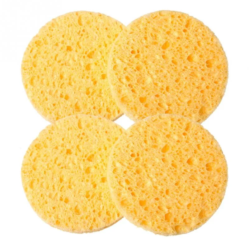 Wholesale- 4 PCs Natural Wood Fiber Face Wash Cleansing Sponge Beauty Makeup Tools Accessories Round Yellow 7cm Dia Free Shipping