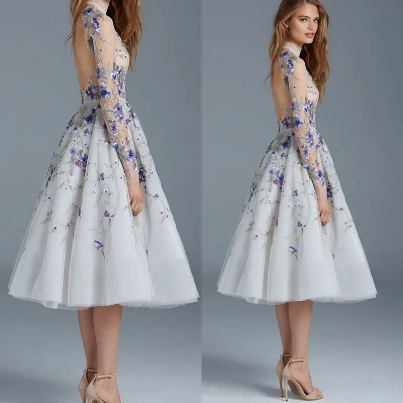 Pure Hoge Hals Prom Jurken Mode Paolo Sebastian Thee Lengte Formele Jurken Avondjurk Sexy Lange Mouwen Applique Korte Avondjurken