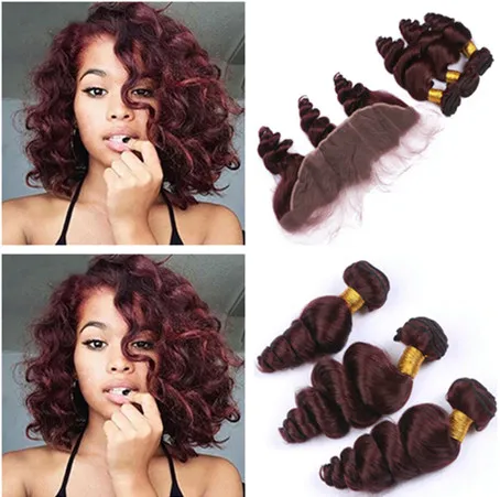 Onda suelta # 99J Vino Rojo El cabello humano brasileño teje con encaje frontal 4 piezas Lote Virgen Borgoña Cabello 3 paquetes con 13x4 Frontal de encaje completo