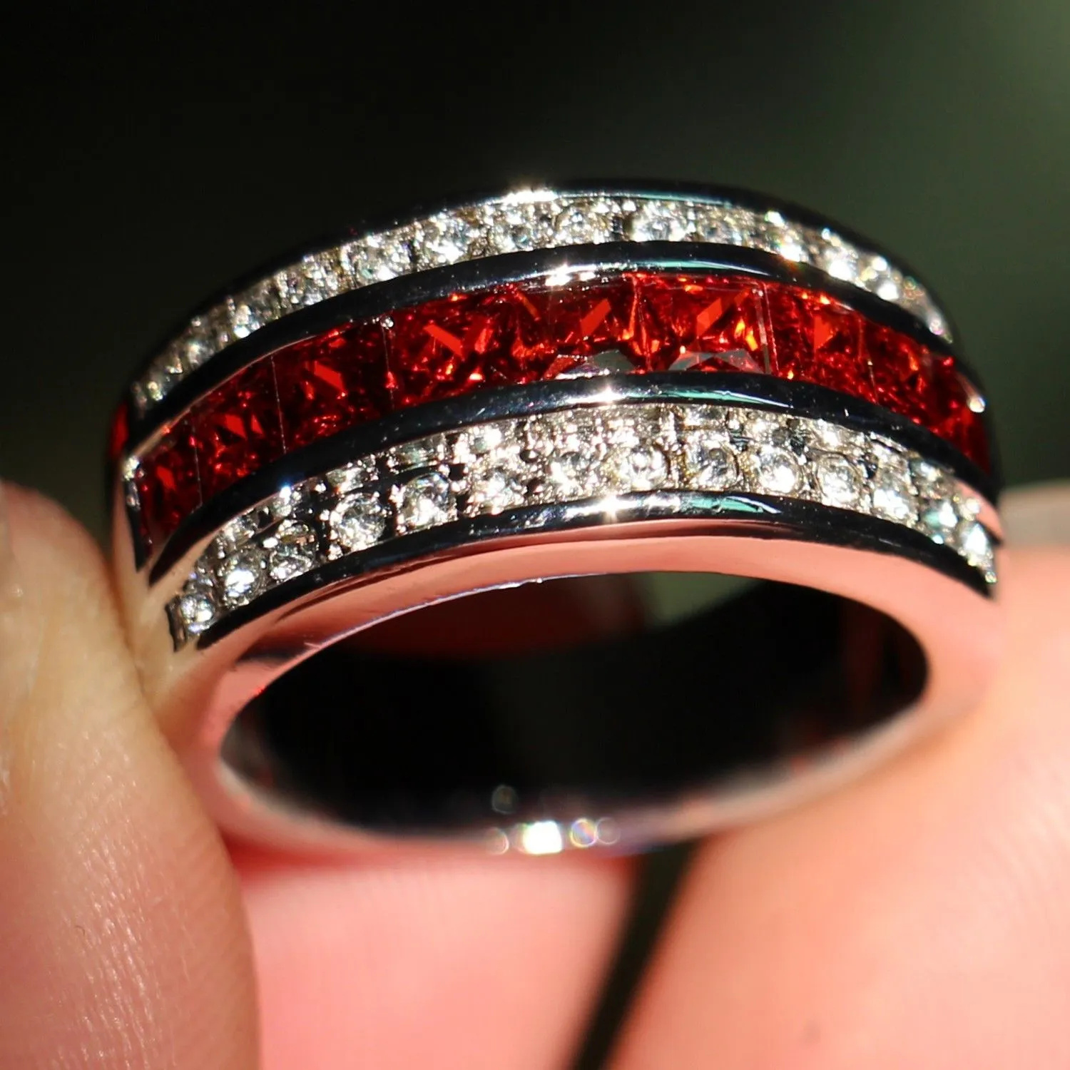 Size 8-12 Fashion Jewelry Antique Jewelry Men Garnet Diamonique Cz Diamond Gemstone 10KT White Gold Filled Wedding Band Ring gift 2840