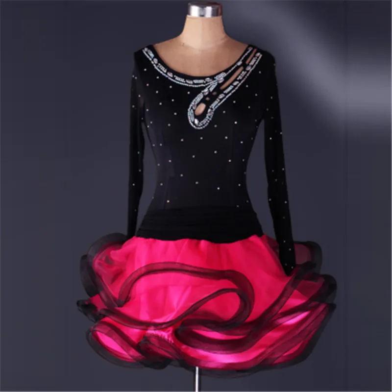 Gratis frakt Red Green Blue Adult/Girls Latin Dance Dress Salsa Tango Chacha Ballroom Competition Practice Rhinestone Dance Dress