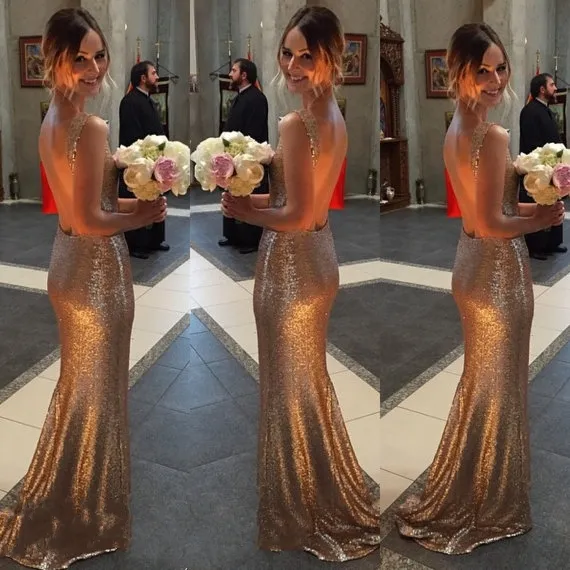Gold Sequin Mermaid Gold Sequin bridesmaid dresses with Open Back and V-Neckline, Sweep Train, and Plus Size Option