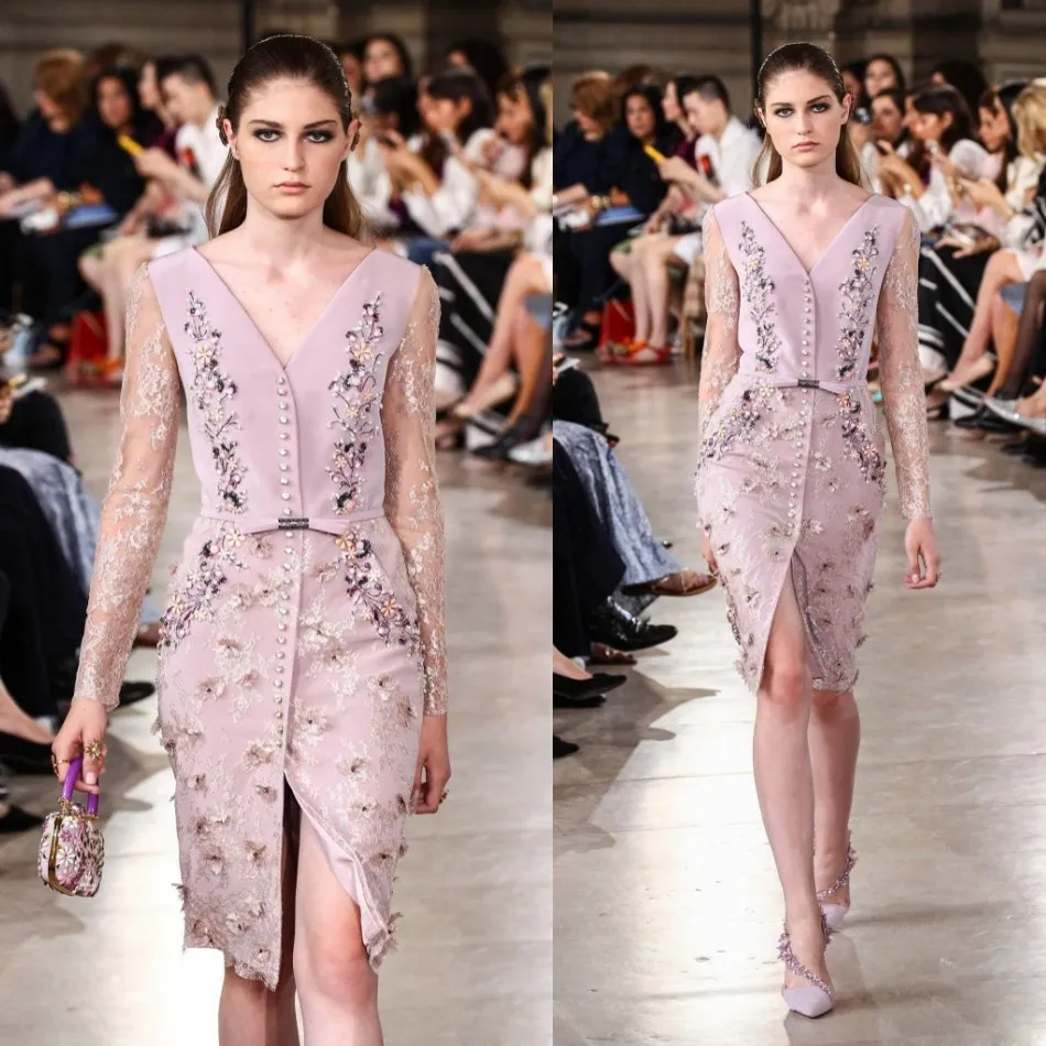 Georges Hobeika 2017 Abiti da sera spaccati Indossano scollo a V profondo Lunghezza al ginocchio Applique in pizzo Abiti da sera Abito da tappeto rosso a maniche lunghe in cristallo