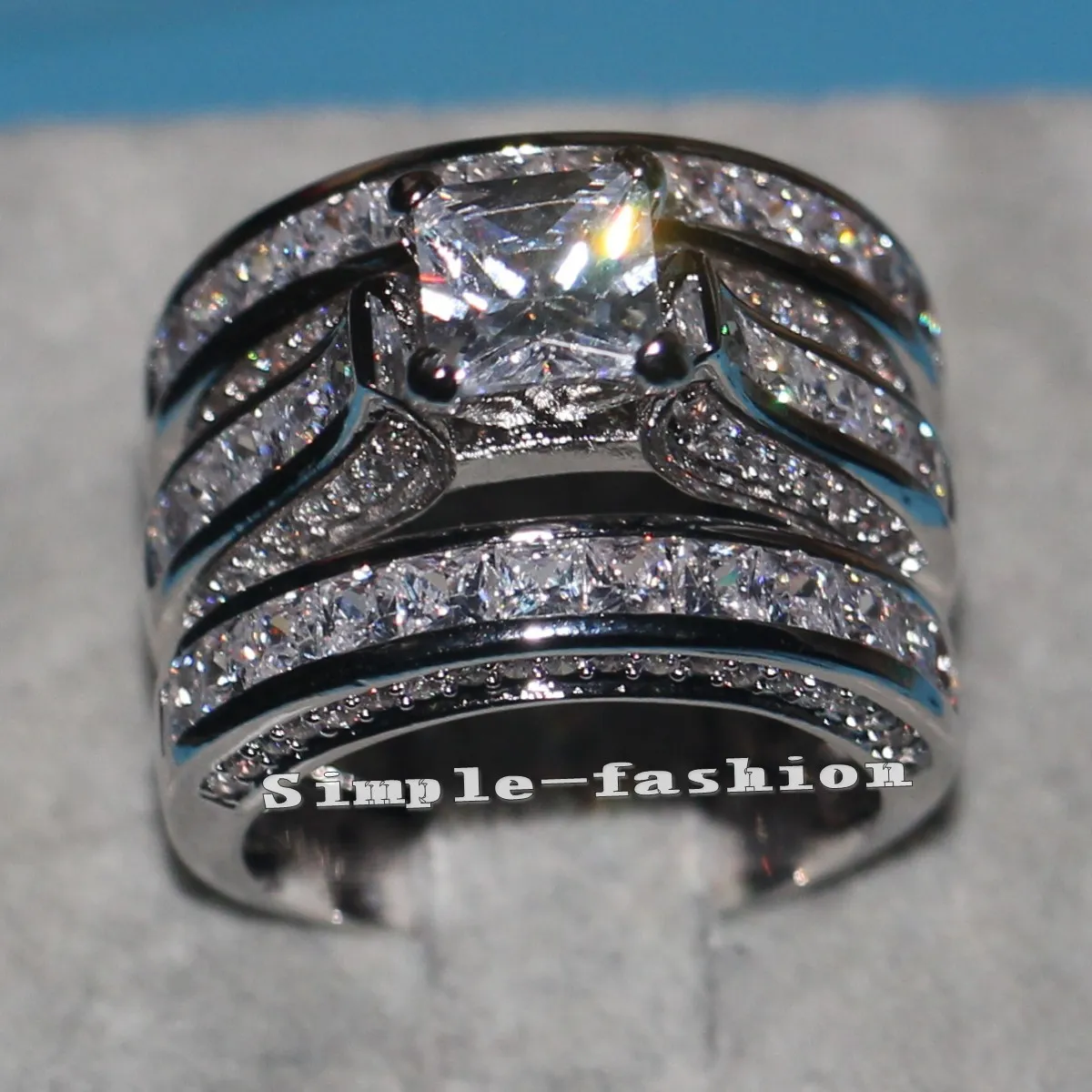 Vecalon Fine Jewelry Принцесса огранки 20 карат Cz бриллиант Обручальное обручальное кольцо набор для женщин 14KT белое золото заполненное кольцо на палец