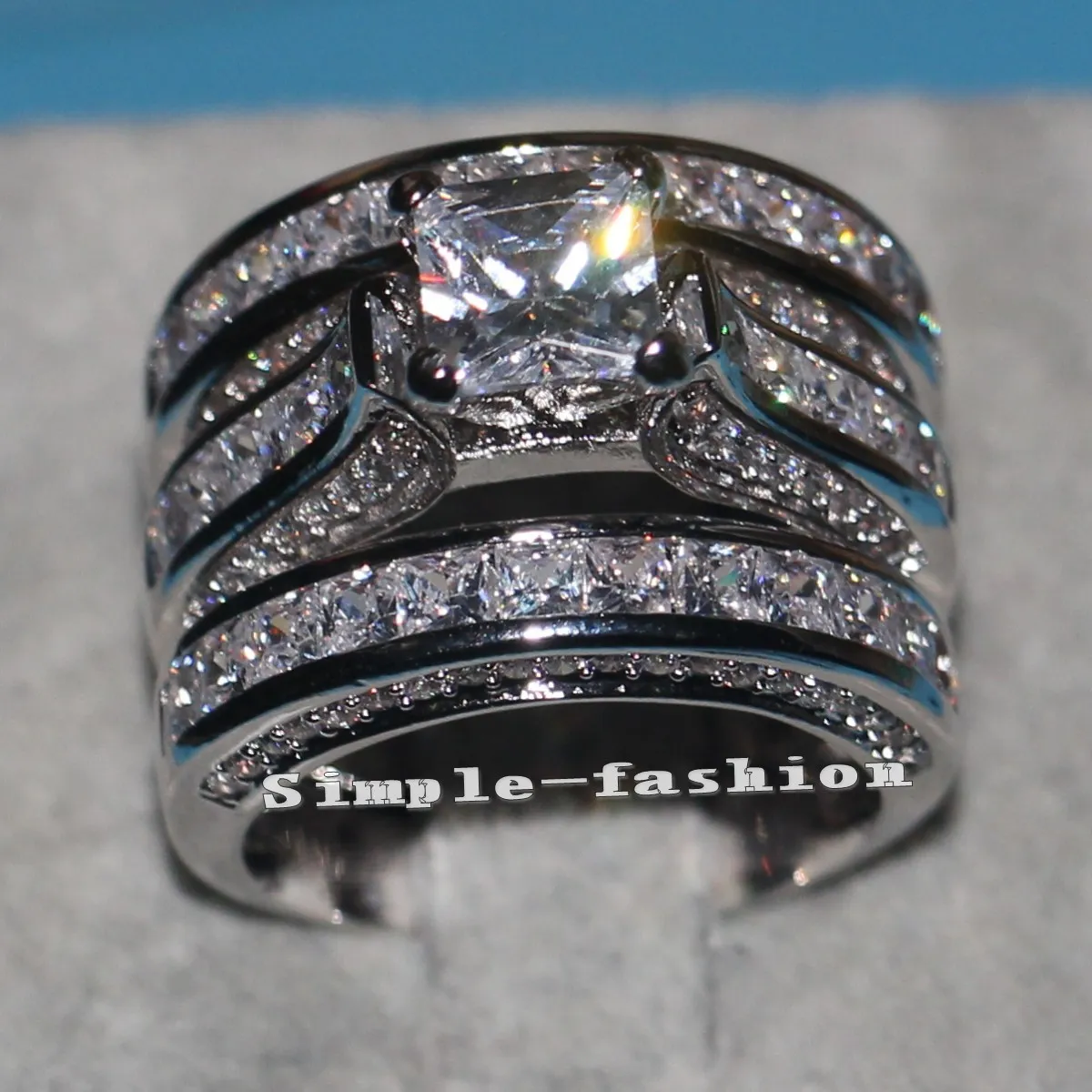 Vecalon ファインジュエリープリンセスカット 20ct Cz ダイヤモンド婚約結婚指輪リングセット女性のための 14KT ホワイトゴールド充填指リング