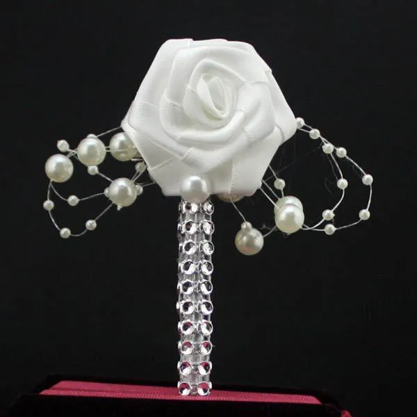 HandMade Groom Boutonniere White Ribbon Rose Wedding Bouquet Flower Groomsmen Corsages Party Prom Man Suit Accessories