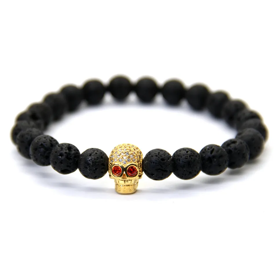 Hot Sale Retail Mens Jewelry 8mm Natural Stone Beads with Micro Inlay Zircon Skull Bracelets