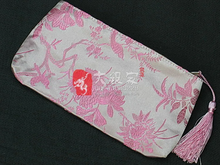 Rektangel Zipper Purse Kvinna Mynt Plånbok Väskor Tassel Kinesisk Silk Brocade Tyg Kosmetisk Universal Telefon Förvaringspåse 20 x 10 cm