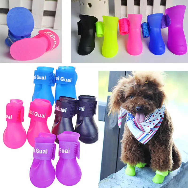 4 Teile/satz Hund Schuhe Mode Haustiere Hund Gummi Regen Schuhe Bunte Wasserdichte Stiefel Schöne Bonbonfarben Regen Schuhe S/M/L WX-G16