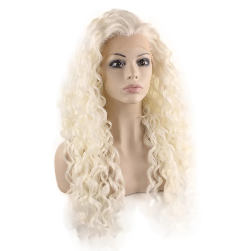 26-calowy długie srebrna biała blondynka syntetyczna koronka przednia kręcona peruka