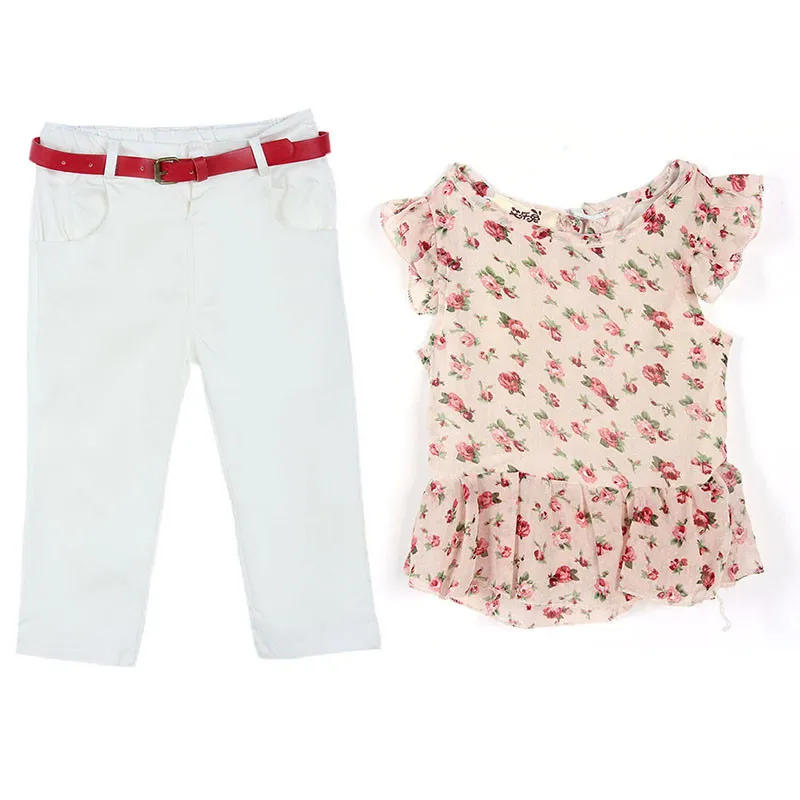 Été filles vêtements enfants costumes bébé filles vêtements fleur chemise hauts + pantalon blanc + ceinture trois pièces ensemble coton bébé tenues pour les filles